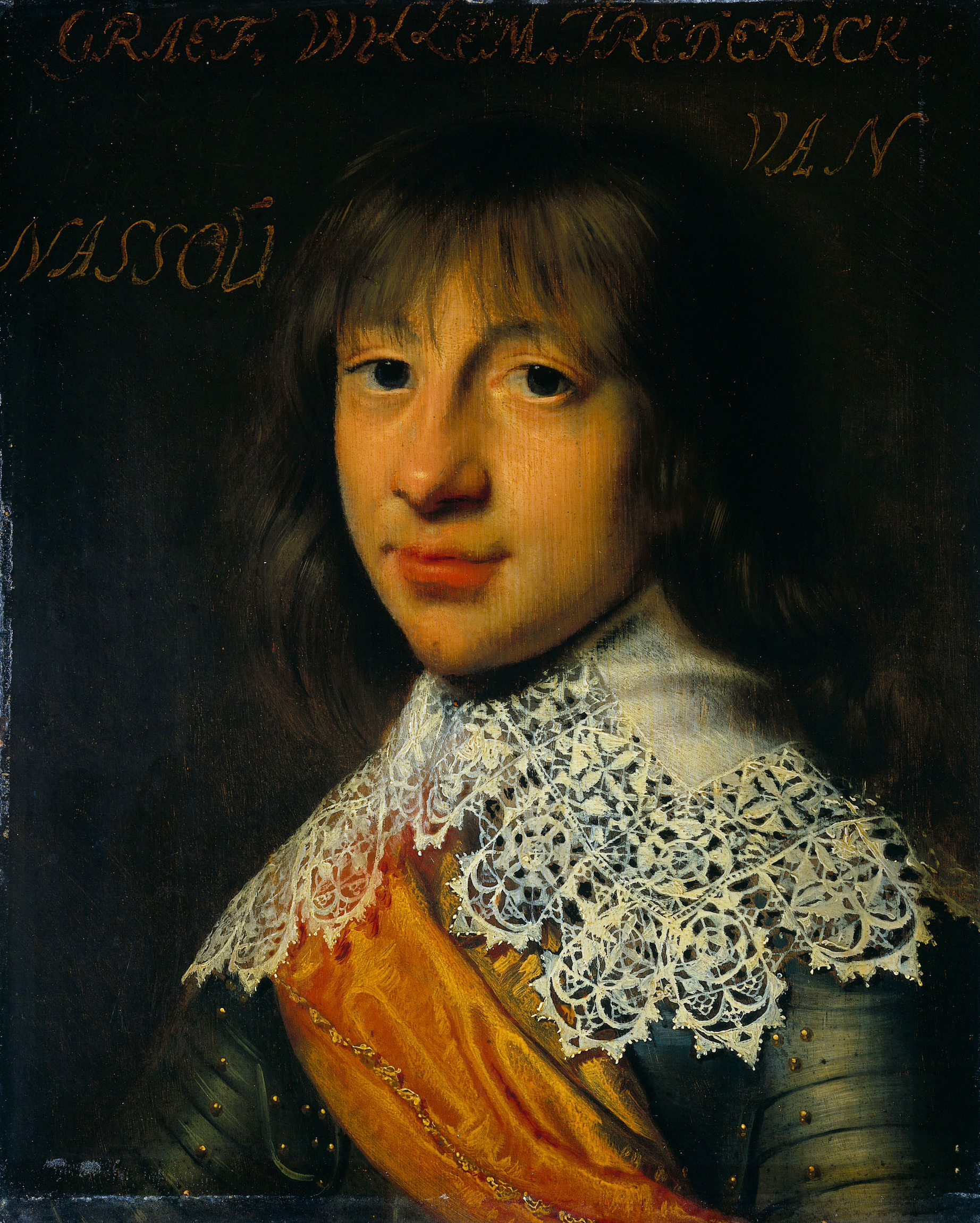 Dit portret uit 1632 is van Willem Frederik van Nassau-Dietz en is onderdeel van de Leeuwarden-serie, een serie portretten van militairen uit de Tachtigjarige Oorlog en leden van het Huis Oranje-Nassau, voor het eerst gedocumenteerd in 1633 in het Stadhouderlijk Hof in Leeuwarden. Het is geschilderd door Wybrand de Geest (1592-1661), olie op paneel, heeft een hoogte van 29.8 cm en een breedte van 24 cm. Het portret is in het bezit van het Rijksmuseum te Amsterdam. Licentie: Publieke Domein.